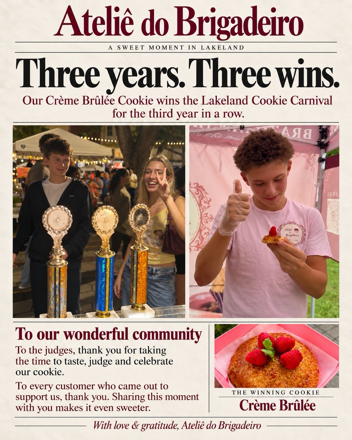 Ateliê do Brigadeiro's Crème Brûlée Cookie: three consecutive wins at the Lakeland Cookie Carnival